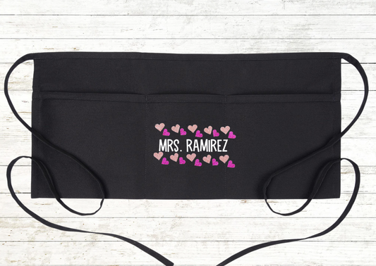 CLEARANCE: Personalized Teacher Apron with pockets: Valentine's Day Glitter Hearts
