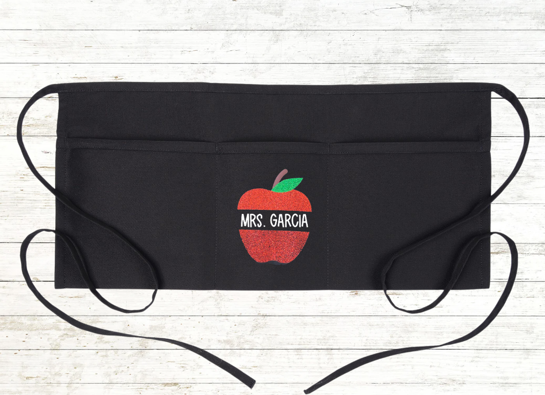 Personalized Teacher Apron with pockets: Glitter Apple