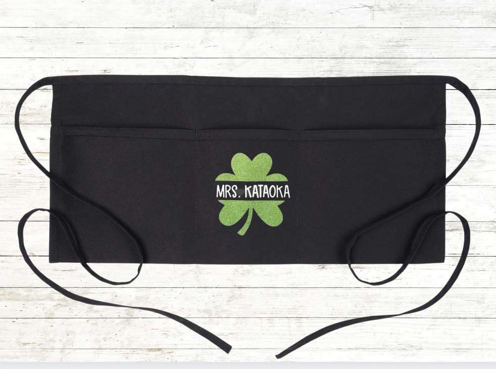 CLEARANCE: Teacher Apron with pockets: St. Patricks Day - Glitter Shamrock Clover