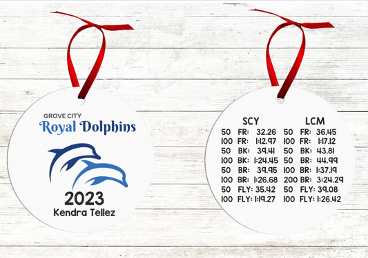 Personalized Swimmer Christmas Ornament - Includes Best Swim Times 2023 - Grove City Royal Dolphins