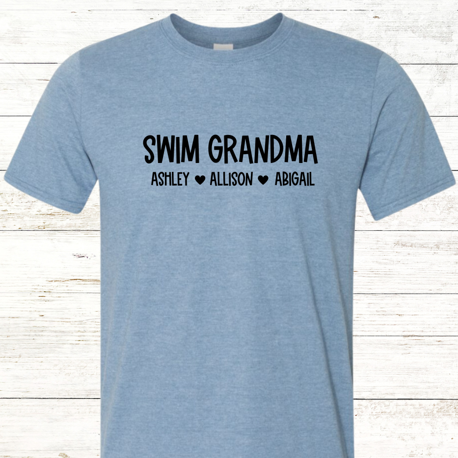 Swim Grandma Personalized with Swimmer Names - Adult Crewneck Tee (Black Text)