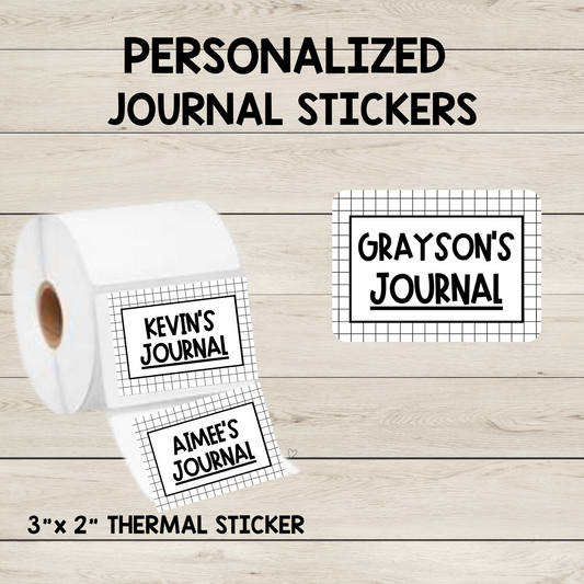 Personalized student journal stickers, measuring 3x2 inches, customized with each student’s name. Perfect for adding a personal touch to journals, notebooks, or school supplies. Durable and ideal for organizing classroom materials, promoting student ownership and pride in their work.