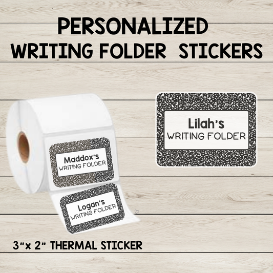 Personalized writing folder sticker measuring 3x2 inches, customized with each student’s name. Perfect for adding a unique touch to writing folders, journals, notebooks, and other classroom supplies. Durable and ideal for promoting student organization and ownership of their work.