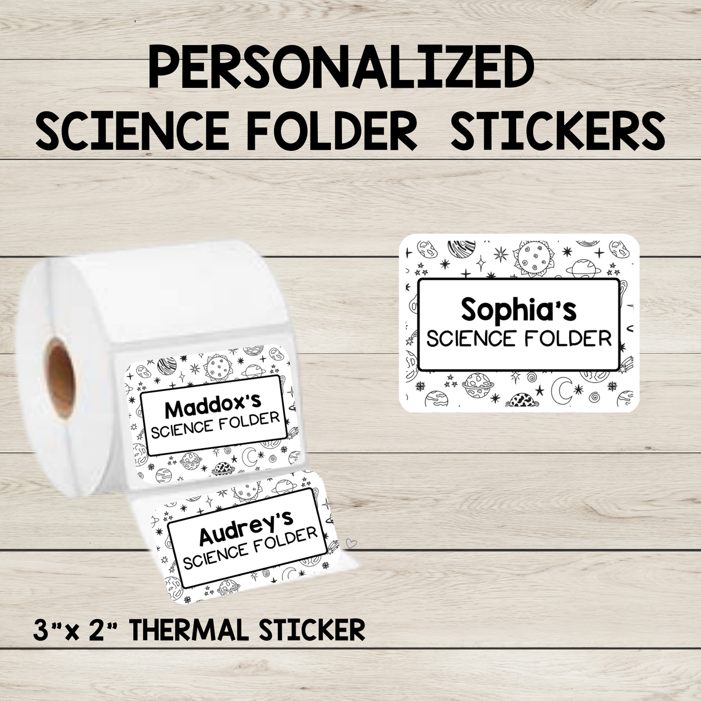 Personalized science folder stickers for teachers, featuring vibrant and fun science-themed designs. Customizable with the teacher's name, these stickers are perfect for organizing student folders, binders, and notebooks in the classroom. Ideal for science teachers or educators looking to add a personal touch to their teaching supplies. Durable and easy to apply, these stickers help keep classroom materials neat and visually appealing while inspiring students with a creative, organized environment. Perfect