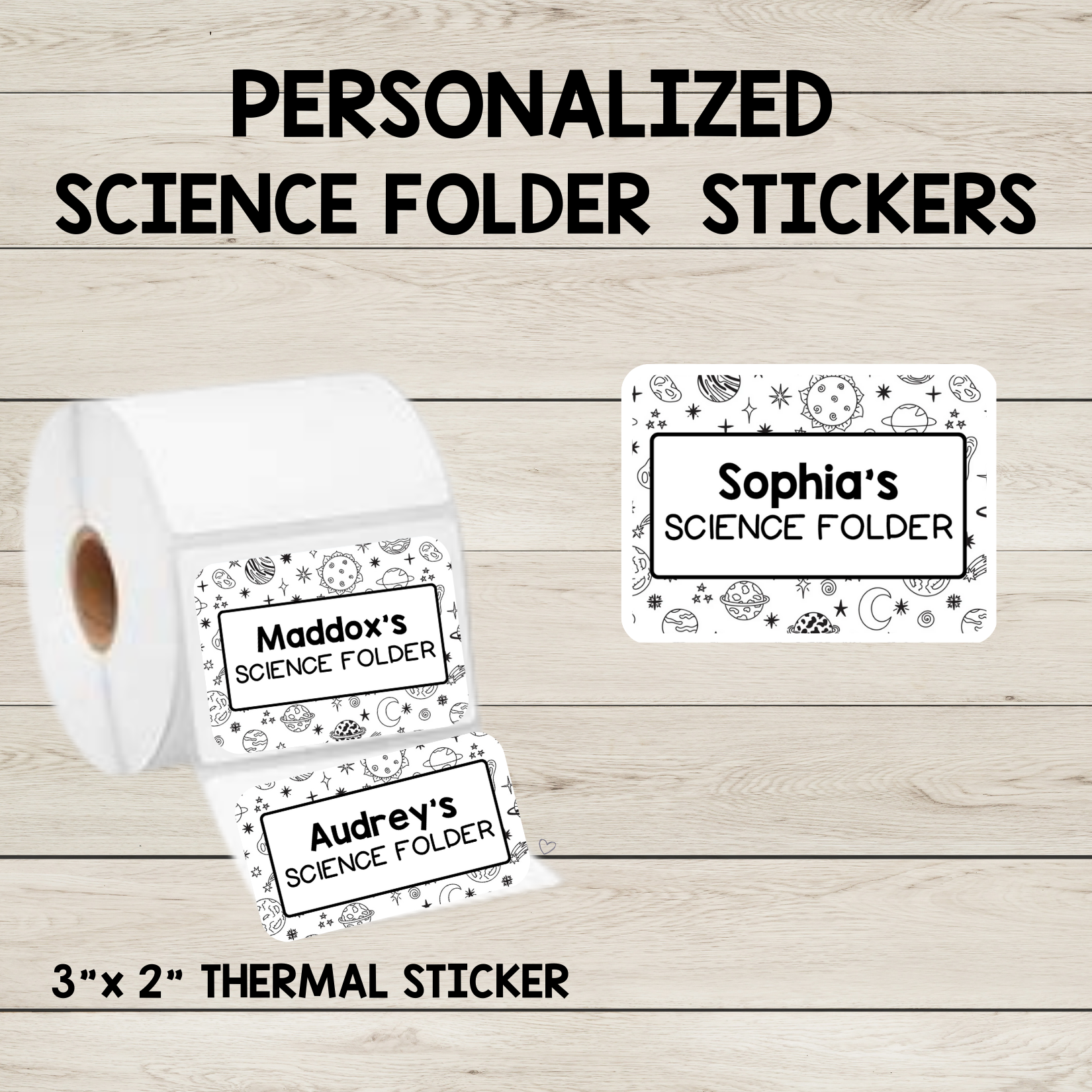 Personalized science folder stickers for teachers, featuring vibrant and fun science-themed designs. Customizable with the teacher's name, these stickers are perfect for organizing student folders, binders, and notebooks in the classroom. Ideal for science teachers or educators looking to add a personal touch to their teaching supplies. Durable and easy to apply, these stickers help keep classroom materials neat and visually appealing while inspiring students with a creative, organized environment. Perfect