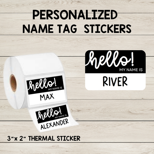 Personalized name tag stickers with custom designs and names, perfect for events, schools, and businesses.
Personalized name tag stickers featuring custom designs, vibrant colors, and individual names. Ideal for events, schools, businesses, sports teams, and parties. These durable and easy-to-apply stickers help with organization, identification, and adding a personal touch to any occasion.
3x2-inch personalized "Hello, My Name Is" name tag stickers, custom printed with each student’s name. Designed for c