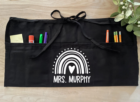 Personalized Teacher Apron with pockets: Boho Rainbow White