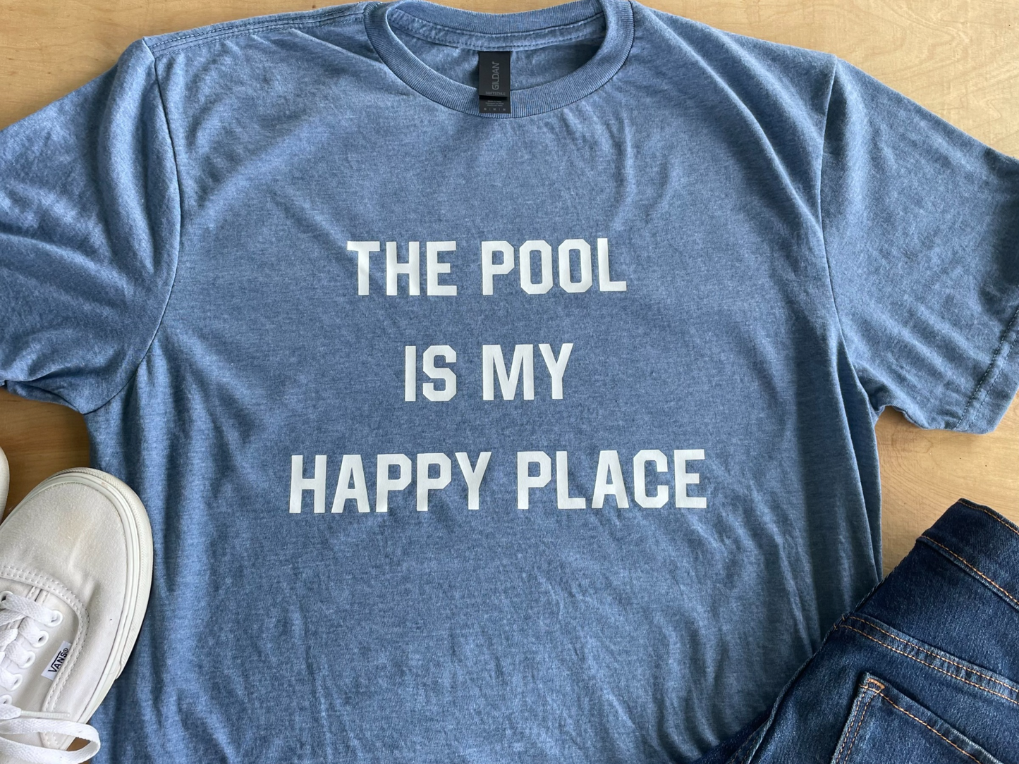 CLEARANCE: The Pool is my Happy Place : Swimmer Adult Crewneck Tee (Size M)