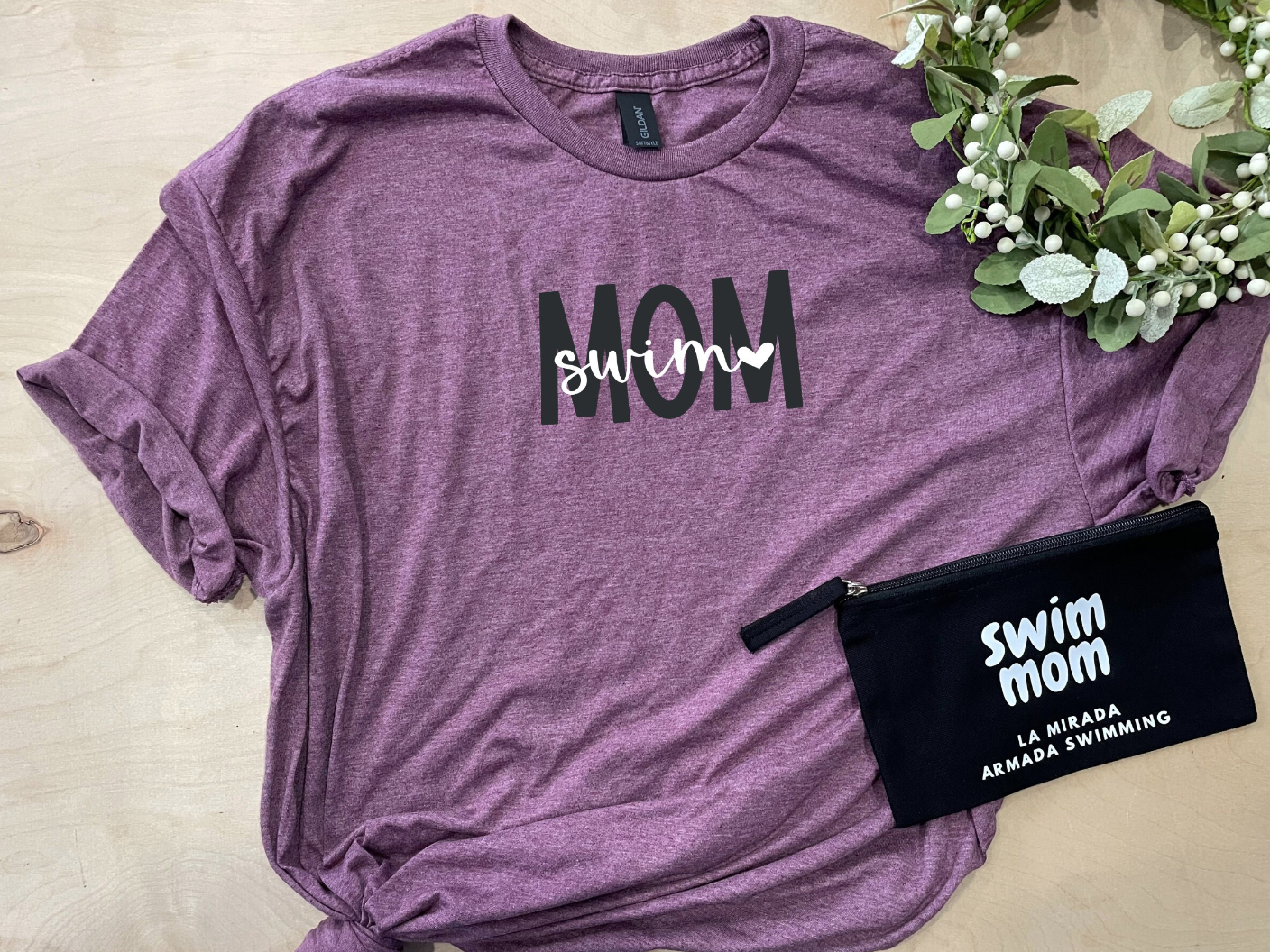 Swim Mom Heart Adult Crewneck Tee (Black / White text)