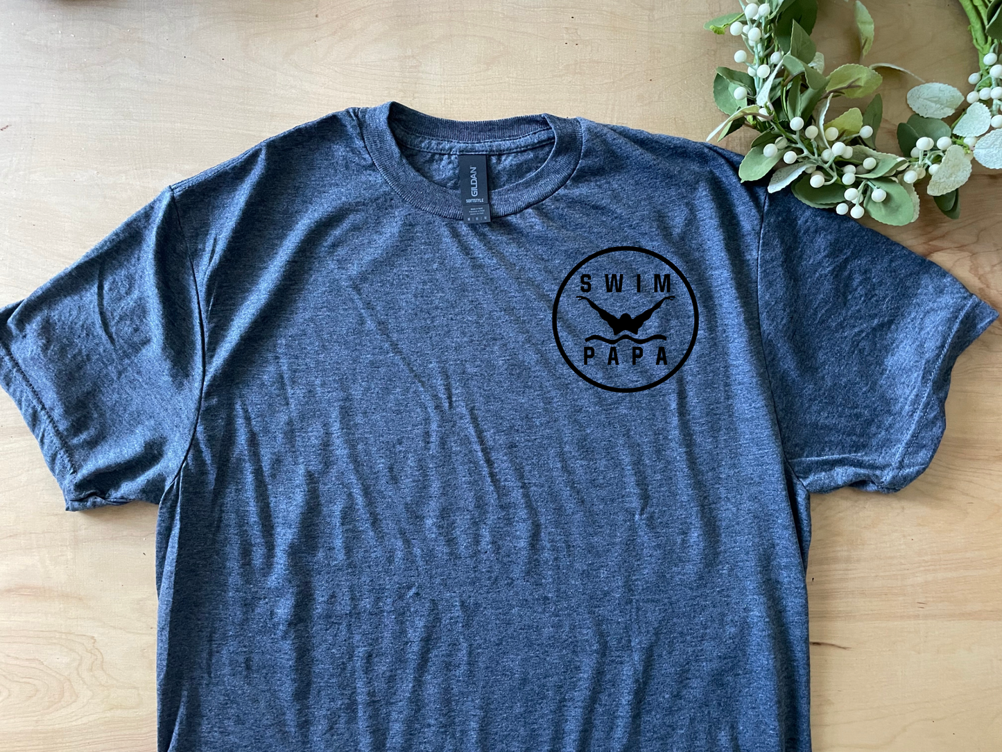 Swim Papa Butterfly Swim Pocket Logo Shirt Adult Crew Neck Tee (Black Font)