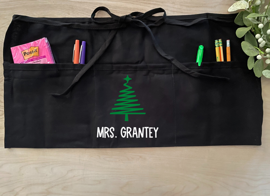 Personalized Teacher Half-Apron with pockets: Green Christmas Tree