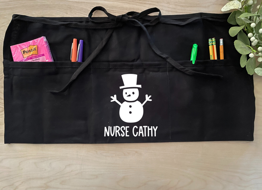 Personalized Teacher Half-Apron with pockets: White Snowman