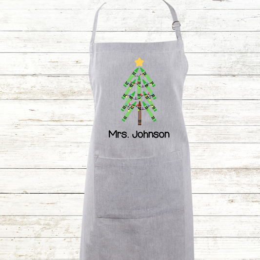 Green Crayon Christmas Tree Teacher Apron Chambray Colors with Front Pocket - Personalized