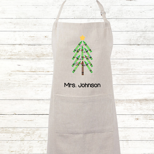 Green Crayon Christmas Tree Teacher Apron Chambray Colors with Front Pocket - Personalized