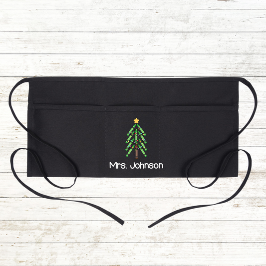 Personalized Teacher Apron with pockets: Green Crayon Christmas Tree