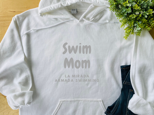 Swim Mom Hoodie: Personalized with Swim Team Name (Gray Text)