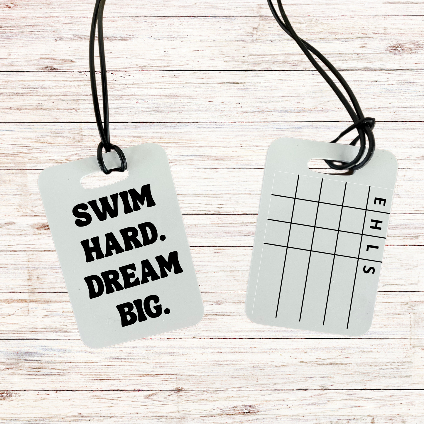 Reusable swim meet heat tag: Swim Hard. Dream Big.