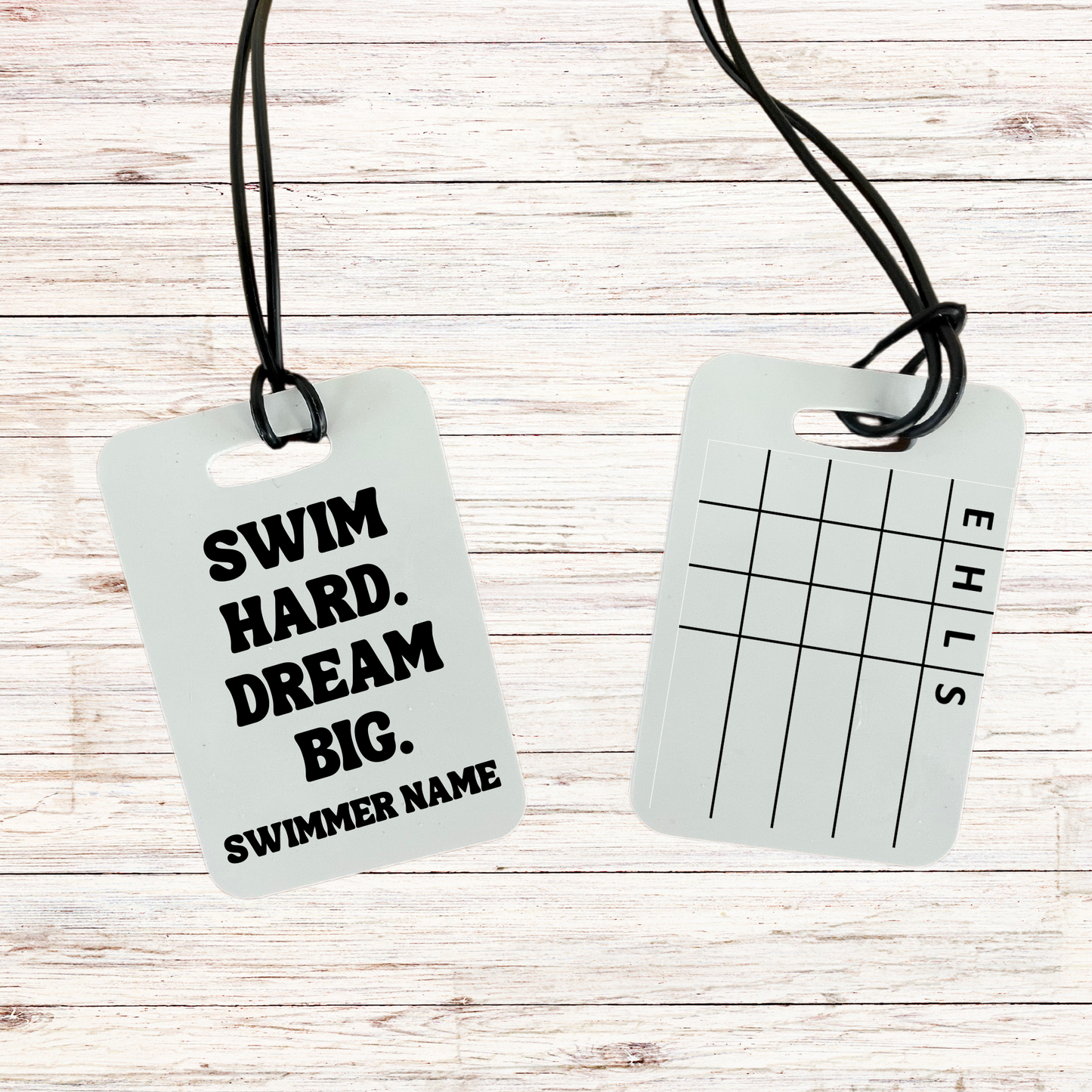 Reusable swim meet heat tag: Swim Hard. Dream Big.