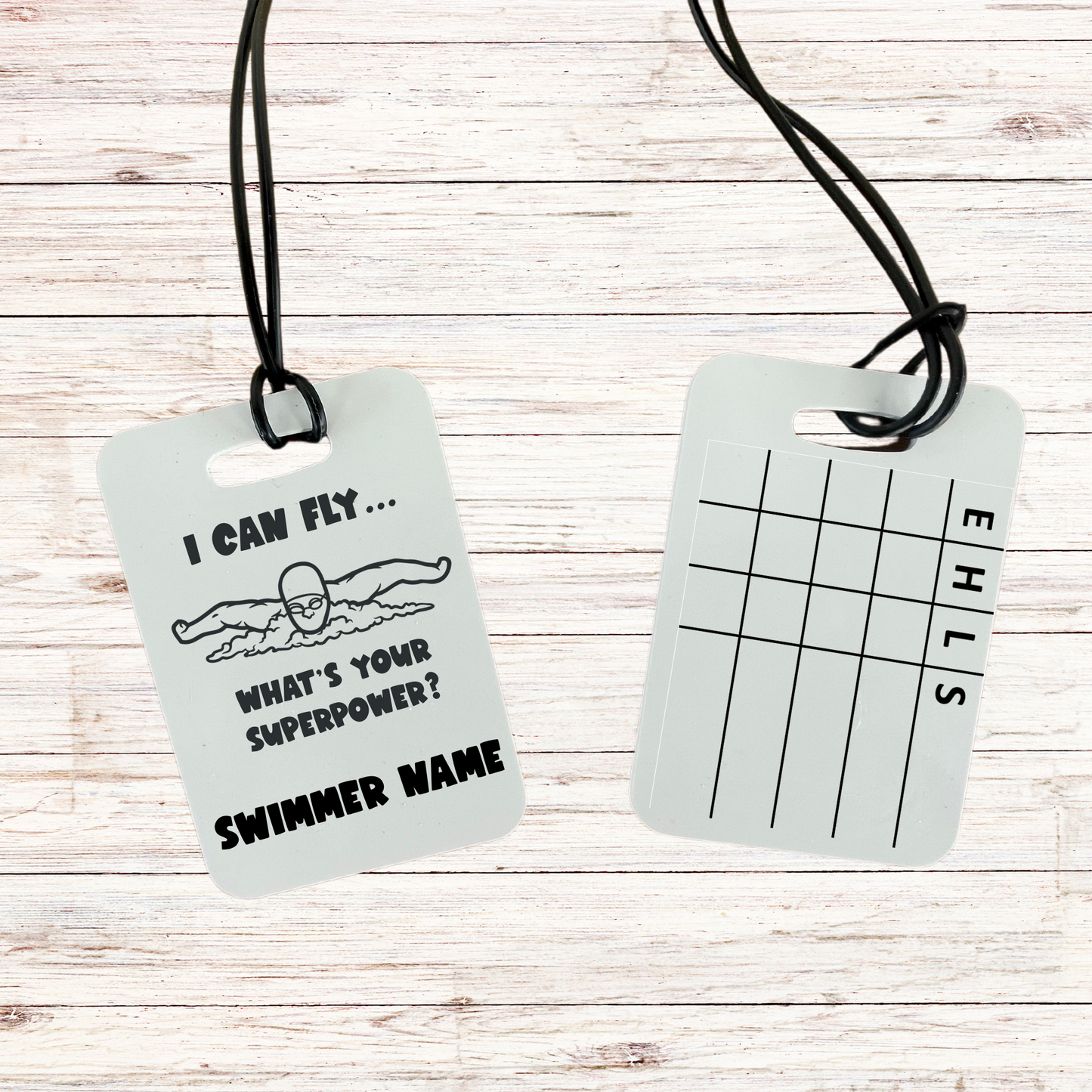 Reusable swim meet heat tag: I can fly... what is your superpower?