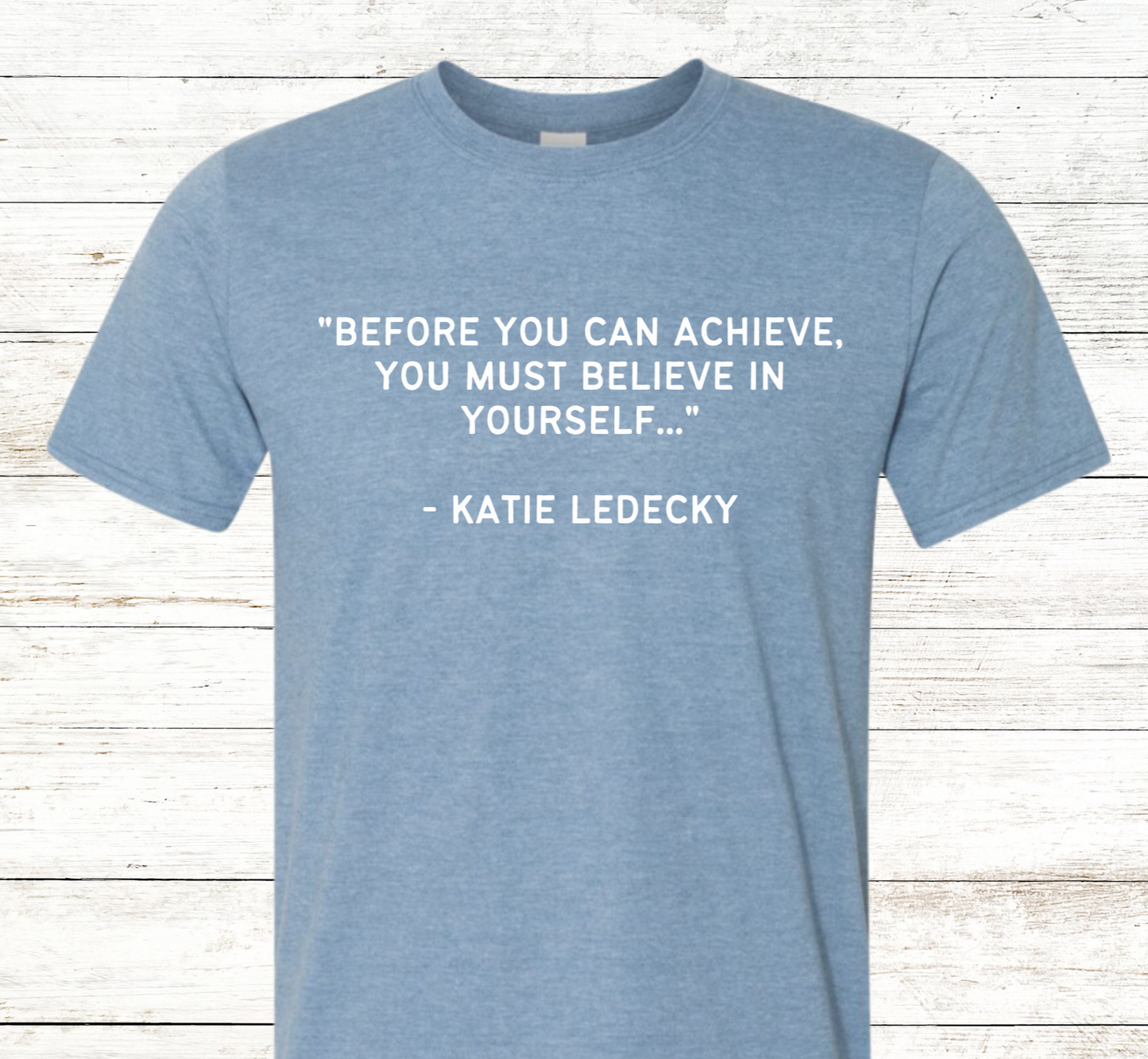 Katie Ledecky Inspirational tee with 15 record times list on back Adult Swimmer Crewneck  Tee