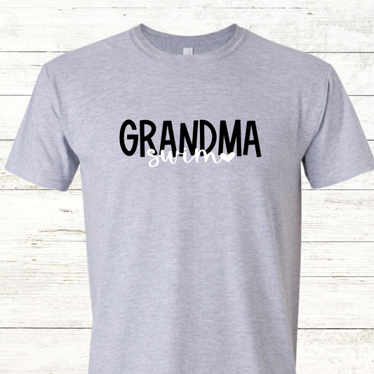 Swim Grandma - Heart Design- Black/White Text -  Adult Crewneck Tee