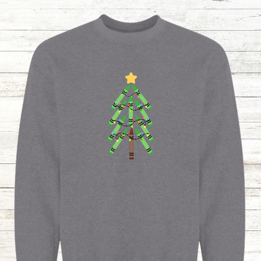 Green Crayon Christmas Tree -  Teacher / Adult Sweatshirt - Back Personalization Option