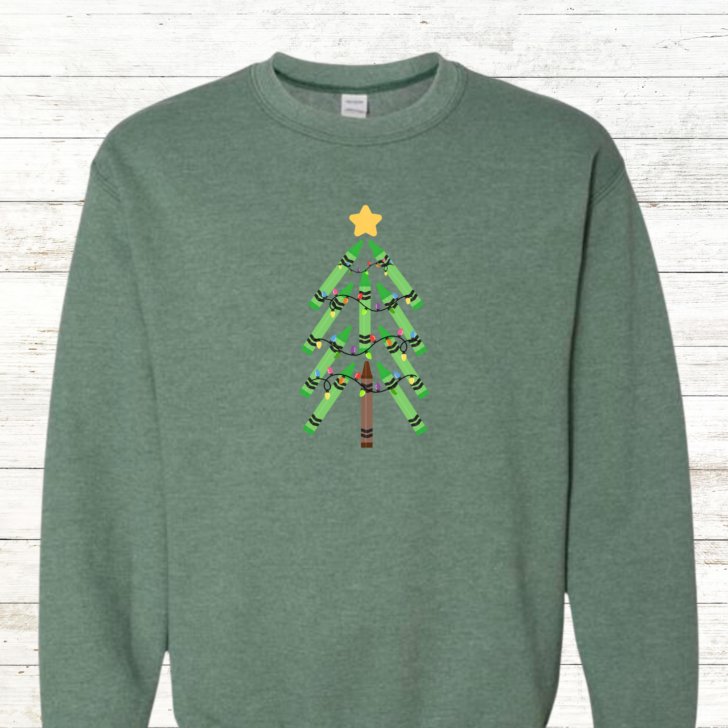 Green Crayon Christmas Tree -  Teacher / Adult Sweatshirt - Back Personalization Option
