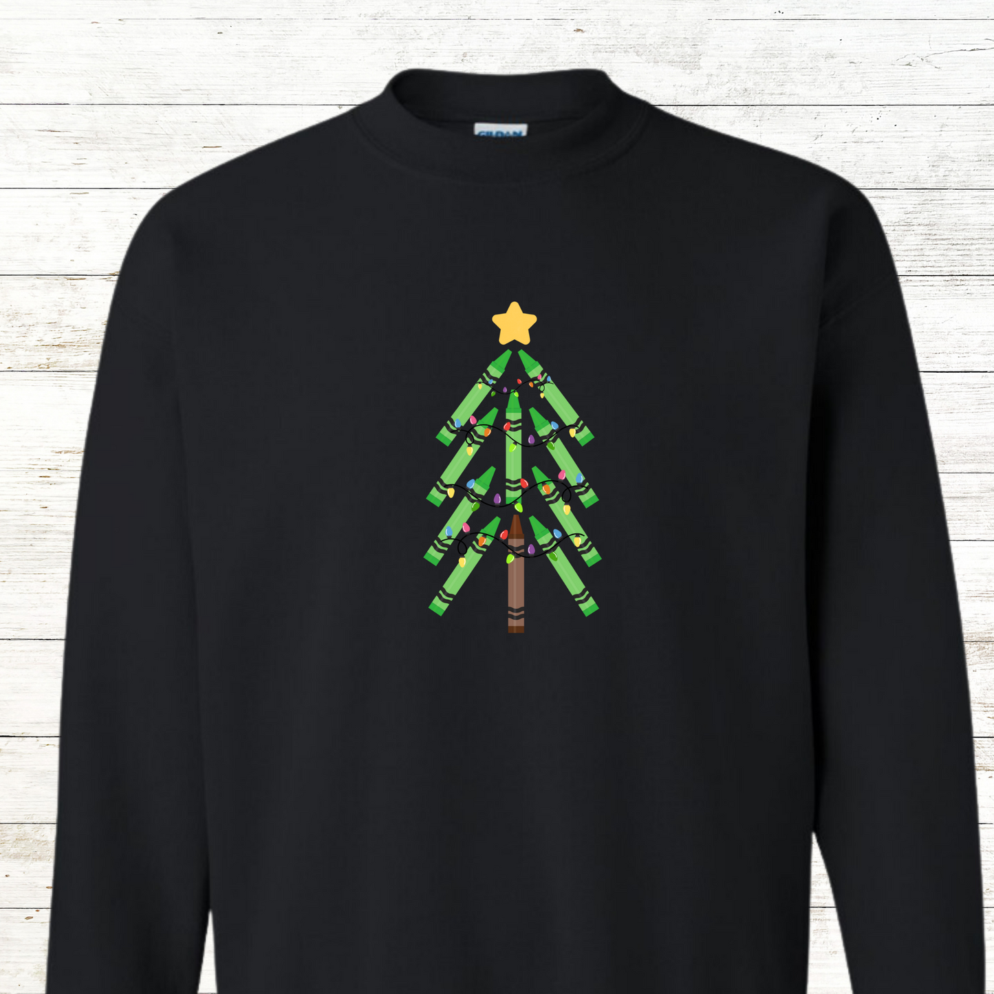 Green Crayon Christmas Tree -  Teacher / Adult Sweatshirt - Back Personalization Option