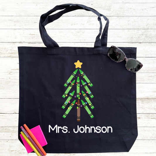 Teacher Tote Bag - Christmas - Green Crayon Christmas Tree