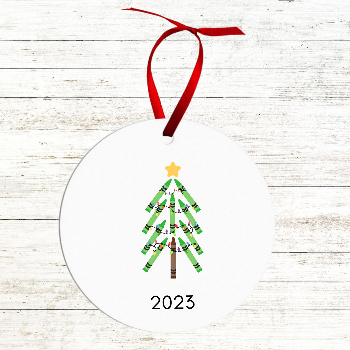 Green Crayon Christmas Tree 2023 Christmas Ornament- Name / Teacher Personalization Option