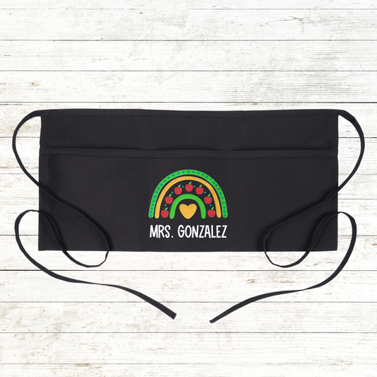 Personalized Teacher Apron with pockets: Apple Glitter Rainbow