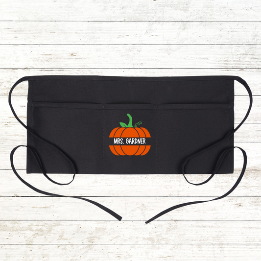 Personalized Teacher Apron with pockets: Fall Pumpkin with Name