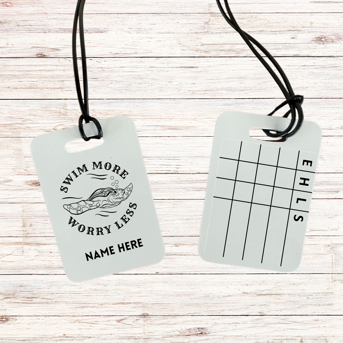 Reusable swim meet heat tag: Swim More Worry Less
