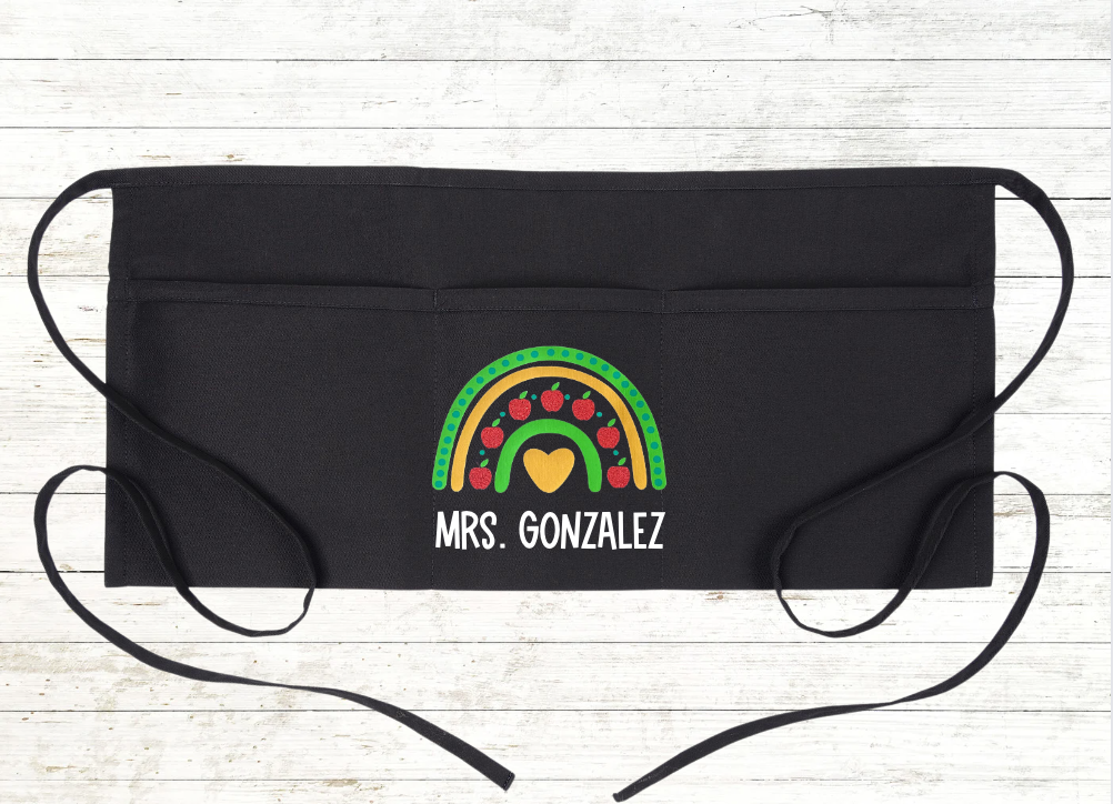 Personalized Teacher Apron with pockets: Apple Glitter Rainbow