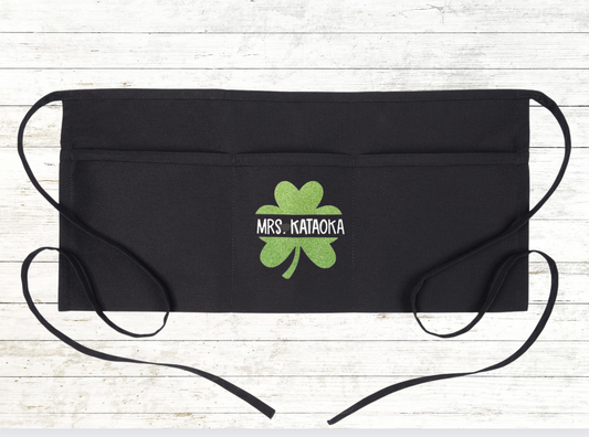 CLEARANCE: Teacher Apron with pockets: St. Patricks Day - Glitter Shamrock Clover