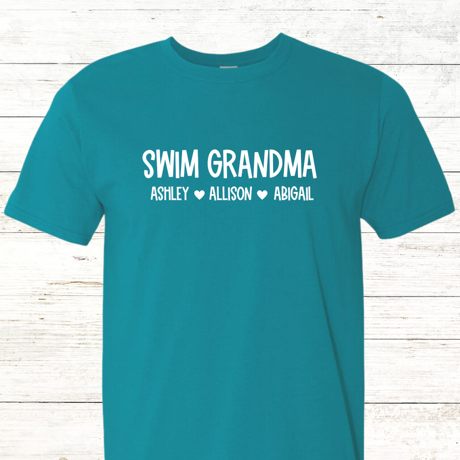 Swim Grandma Personalized with Swimmer Names -  Adult Crewneck Tee
