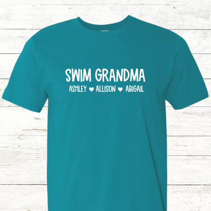 Swim Grandma Personalized with Swimmer Names -  Adult Crewneck Tee