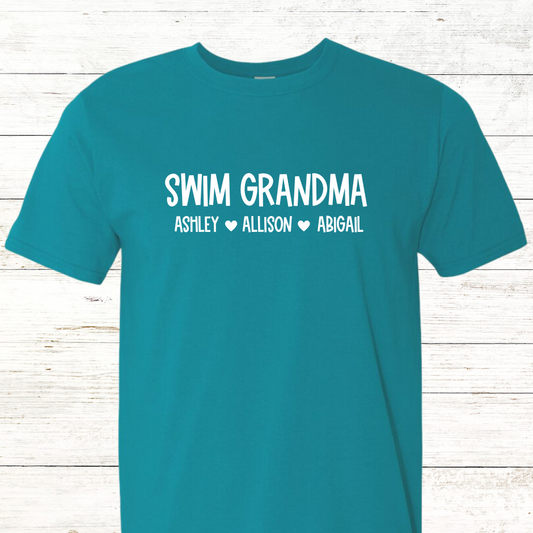 Swim Grandma Personalized with Swimmer Names -  Adult Crewneck Tee