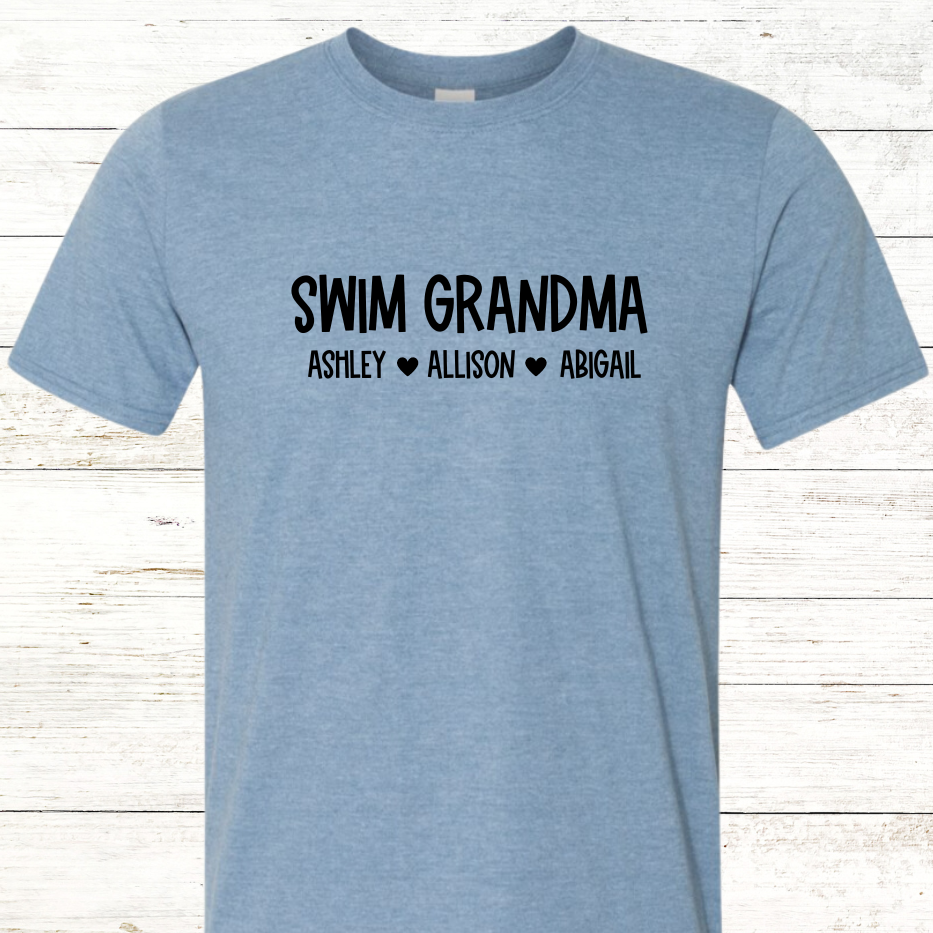 Swim Grandma Personalized with Swimmer Names -  Adult Crewneck Tee (Black Text)