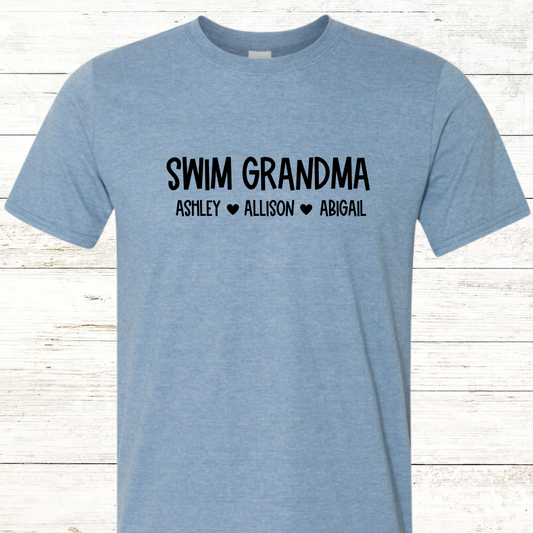 Swim Grandma Personalized with Swimmer Names -  Adult Crewneck Tee (Black Text)