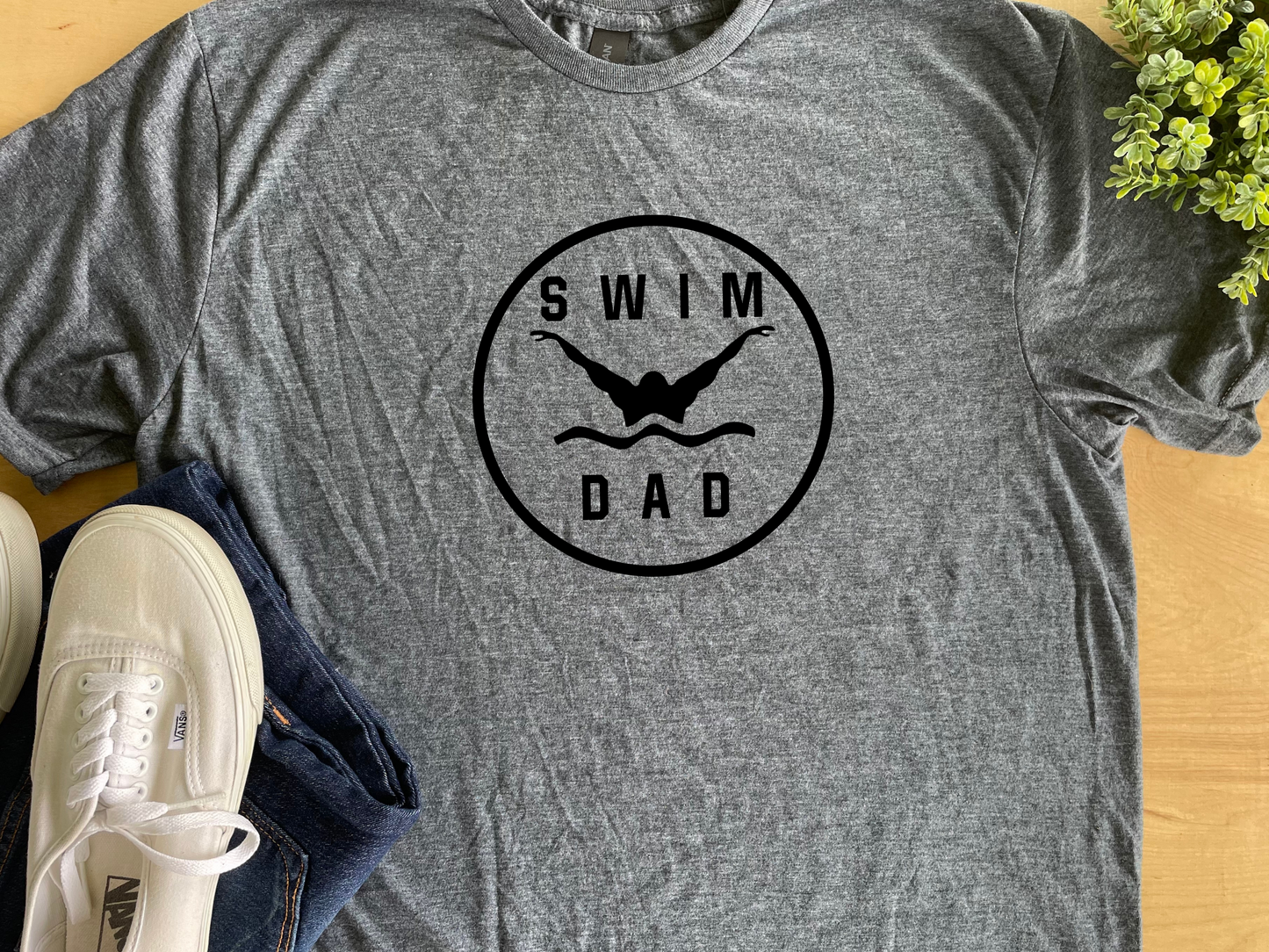 Swim Dad Butterfly Swim Shirt Adult Crew Neck Tee (Black Font)