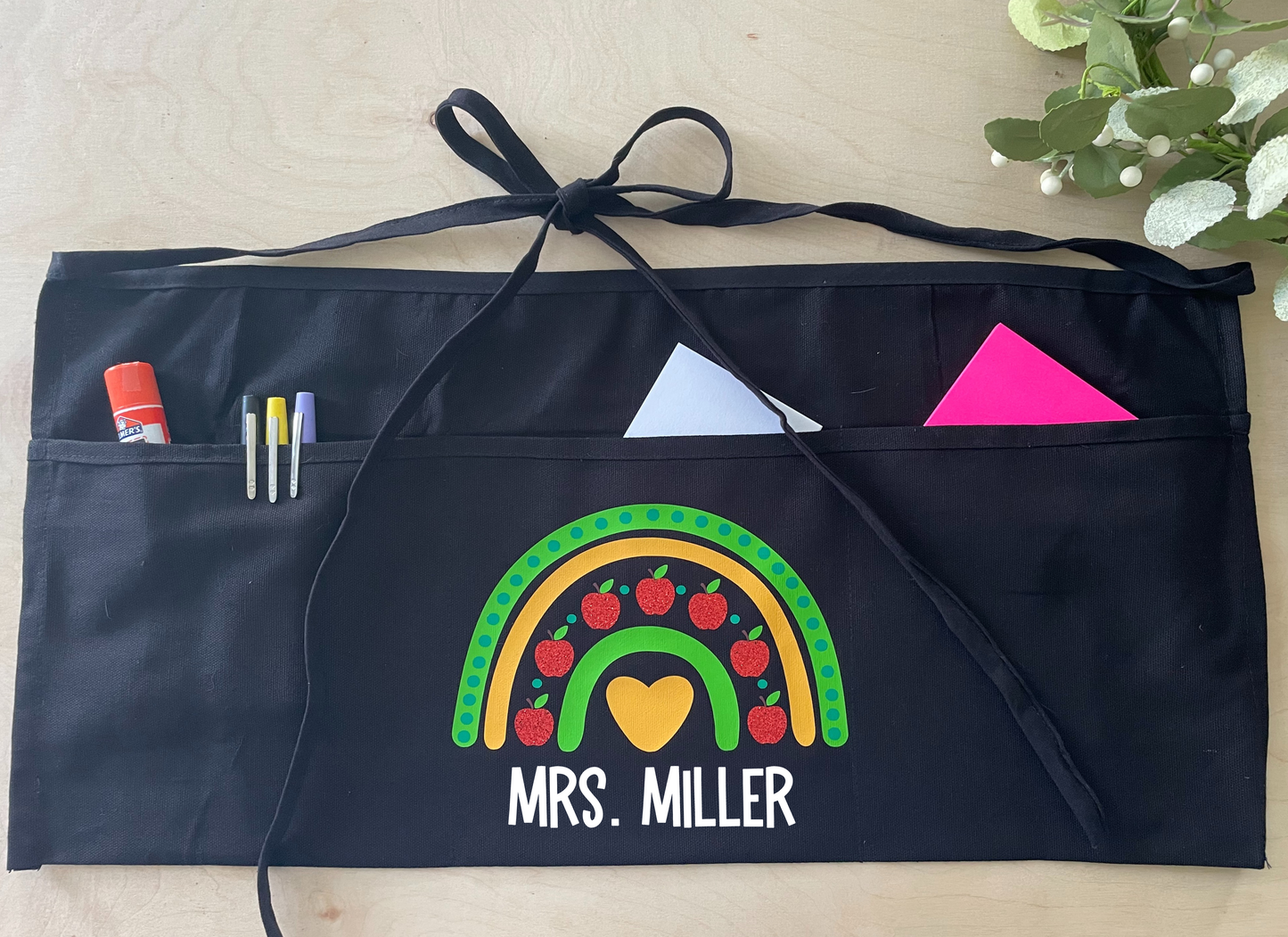 Personalized Teacher Apron with pockets: Apple Glitter Rainbow