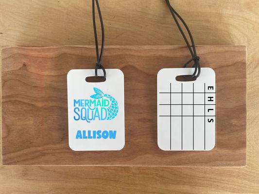 Personalized Reusable swim meet heat tag: Mermaid Squad with Swimmer Name