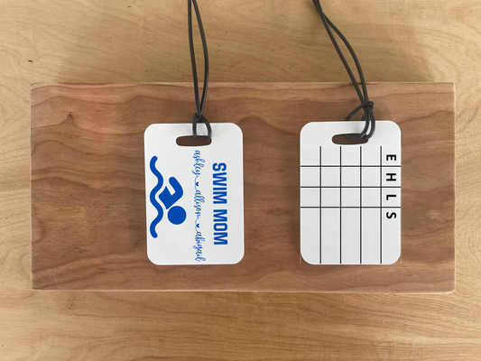 Personalized Reusable swim meet heat tag: Swim Mom with Swimmer Names