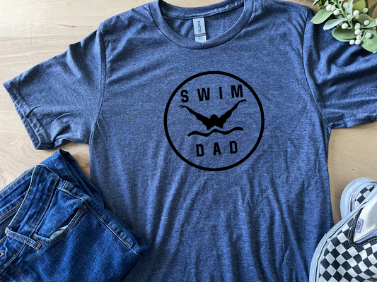 Swim Dad Butterfly Swim Shirt Adult Crew Neck Tee (Black Font)