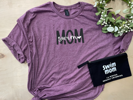 Swim Mom Heart Adult Crewneck Tee (Black / White text)