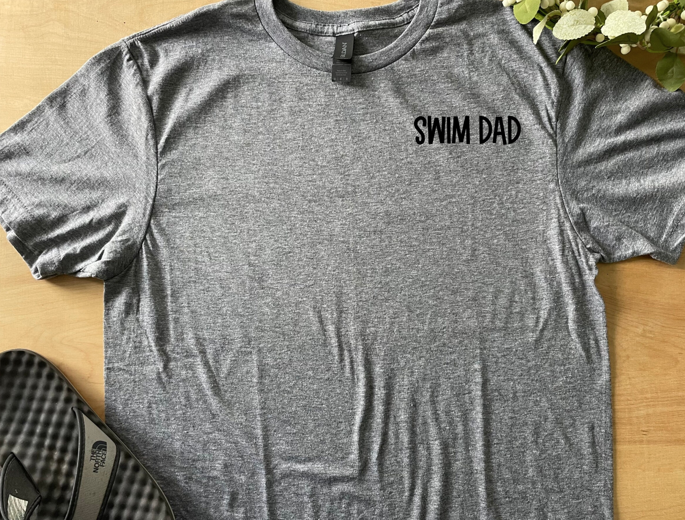 Swim Dad Shirt Pocket Logo Adult Crew Neck Tee (Black Font)