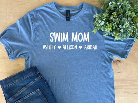 Personalized Swim Mom Tee with Swimmer Names (White Text) - Adult Crewneck Tee