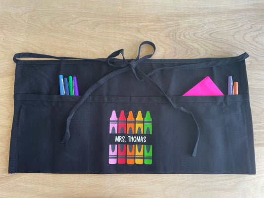 Personalized Teacher Half-Apron with pockets: Crayons