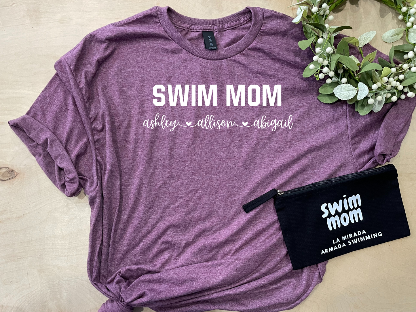 Personalized Swim Mom Tee with Swimmer Names (script) - Adult Crewneck Tee